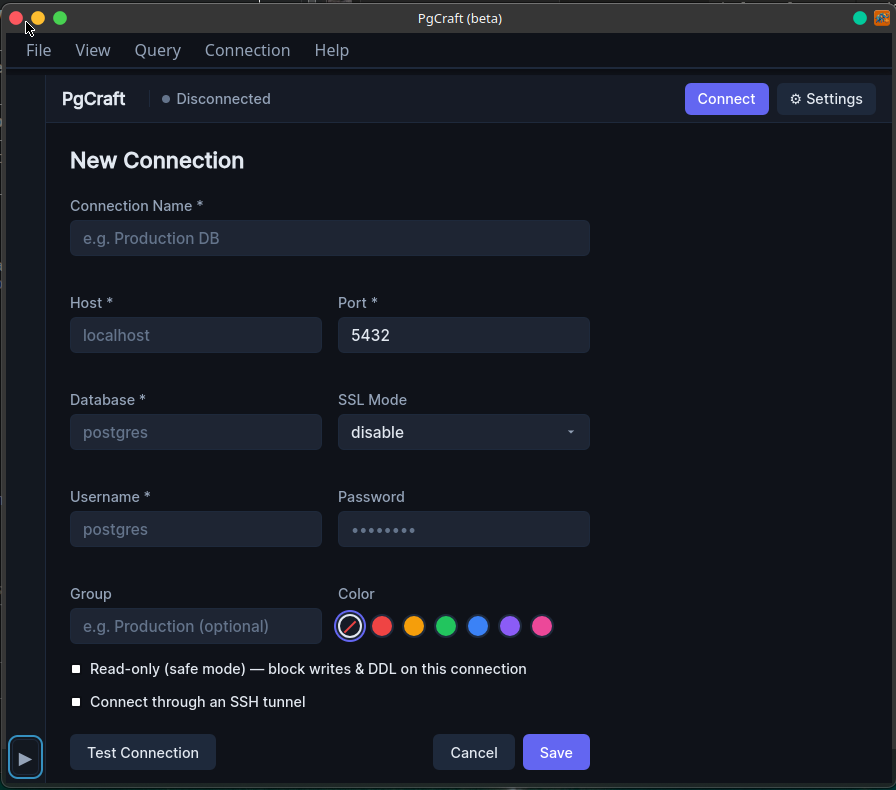 The PgCraft connection dialog