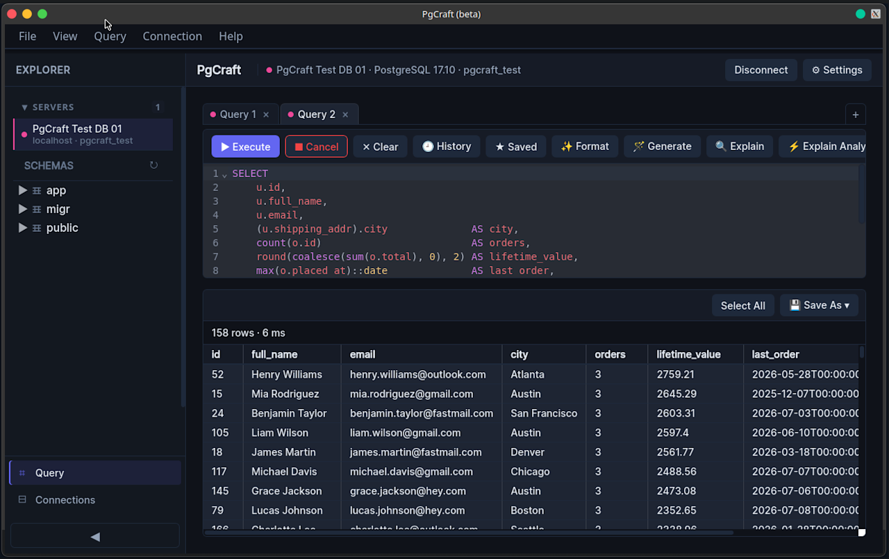 Preview of the PgCraft desktop app showing the query editor and results grid