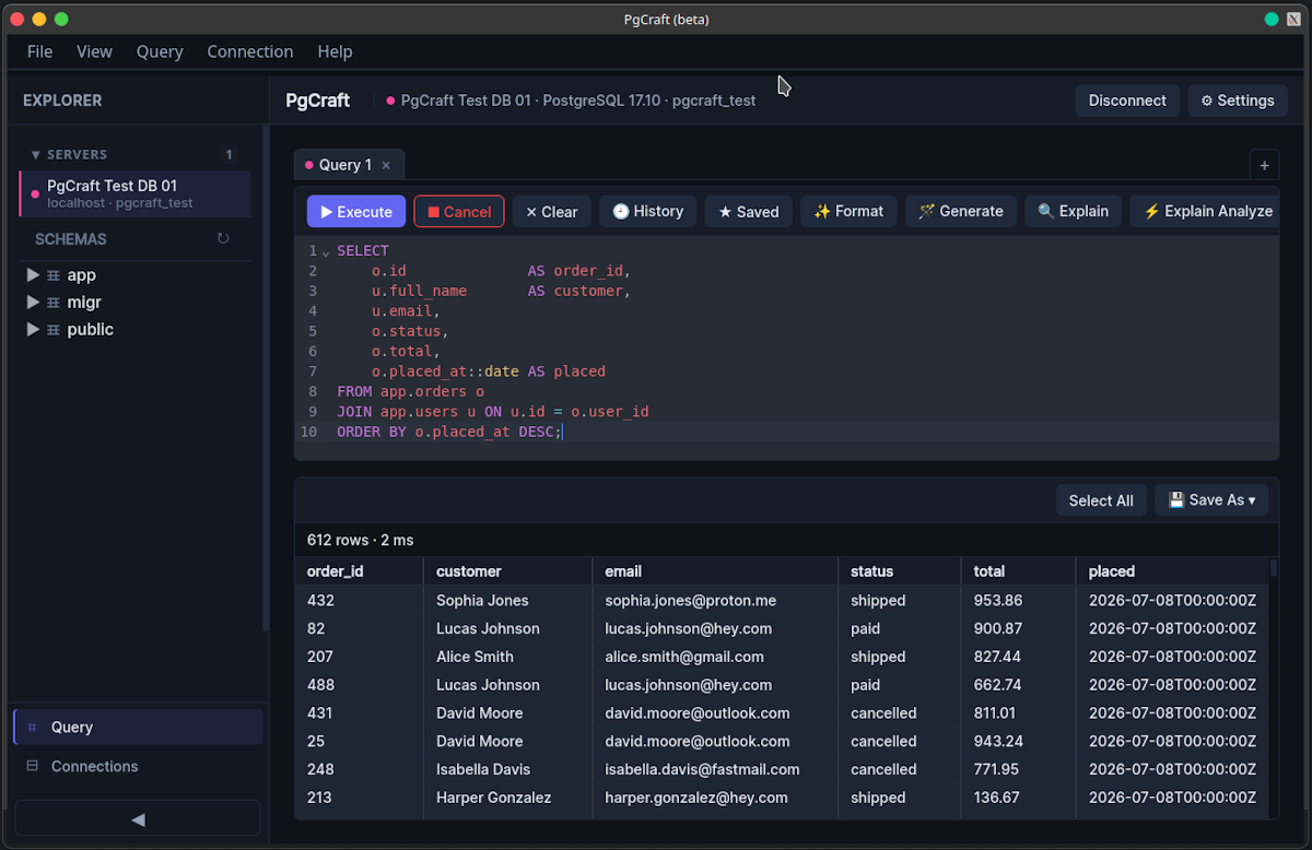 PgCraft query editor with a results grid