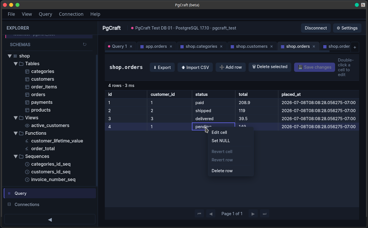 PgCraft editable results grid with inline editing