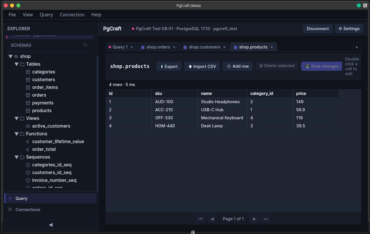 PgCraft schema browser and object tree